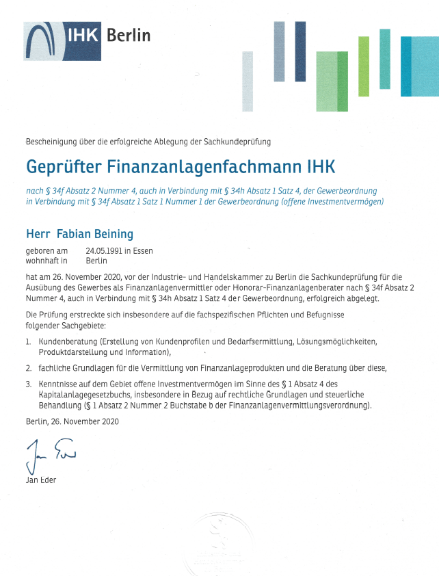 IHK certificate provided by Fabian Beining