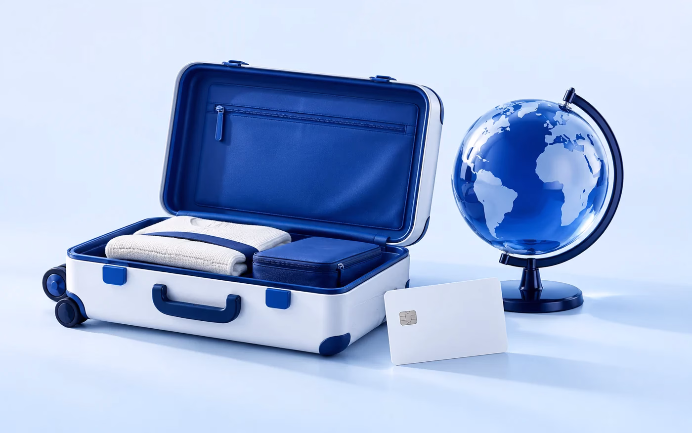 German Pension System: Statements & Retirement | Finanz2Go 2 Blue 3D suitcase, globe and bank card illustrating financial mobility